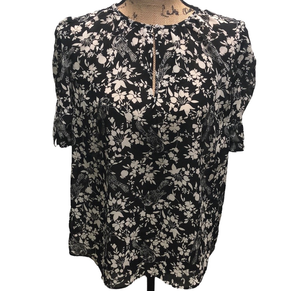 {J. Crew}  Black And White Floral Bird Print Ruched Sleeve Blouse